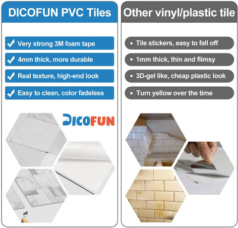Comparison between DICOFUN PVC tiles and other thin vinyl, highlighting durability and installation differences.