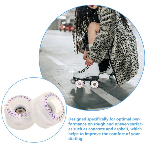 Lit Up Roller Skate Wheels With Bearings 2 Pack LED Quad Lighted Replacement Wheels and woman adjusting skates