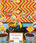 30 Count Construction Signs Hanging Swirl Decorations Party Decor For Builders Birthday That Slaps Stop Crew Entrance Safety First Helmet Roadblock Theme Gift Idea For Kids Who Love Construction Signs displayed over a construction-themed table setup.