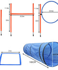 Dog Agility Training Starter Kit With Tunnel, 13 Weave Poles, Adjustable Hurdle, Jump Ring, Pause Box And Carrying Bag For A Complete Obstacle Course Workout For Active Pups Blue, showing tunnel dimensions and pole heights.