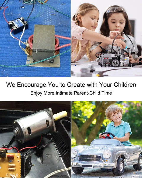 Adapter Kit For 18V M18 Batteries With DC 12V To 60V Motor Speed Controller for DIY RC cars and toy builds shown with children playing.