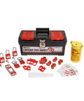 All-In-One Electrical Lockout Tagout Kit For Quick, Safe Power Down On The Go, Portable Black Lockout Set With All Essentials visible.