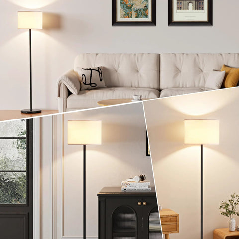 Black floor lamp with white fabric shade, 60in tall, foot pedal switch; bulb not included, shown in living room collage.