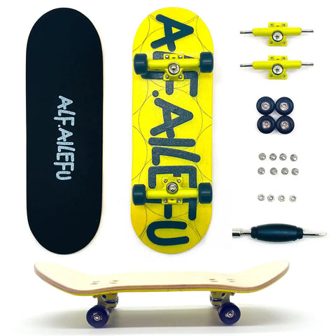 Pro Fingerboard 32mm wooden deck with deep concave, 5-layer maple construction, CNC trucks, precision bearings, yellow design