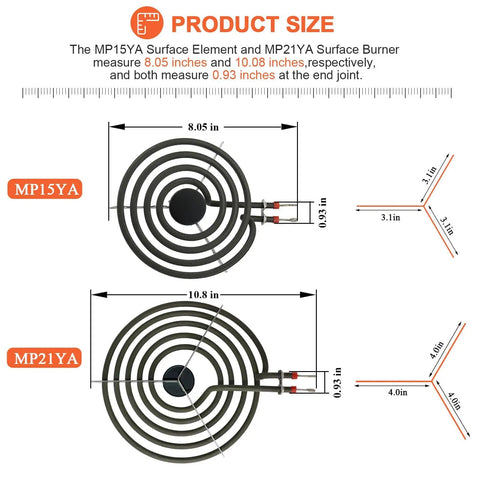 MP22YA Electric Range Burner Element Unit Set Upgraded 2026 Replacement Kit dimensions for 6in MP15YA and 8in MP21YA coils