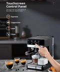 Heavy Duty 20 Bar Automatic Espresso Machine With Hella Rich Crema And Kickin Smooth Milk Frothing For Straight Up Pro Level Cappuccino Latte Coffee Brewing touchscreen display and coffee options.