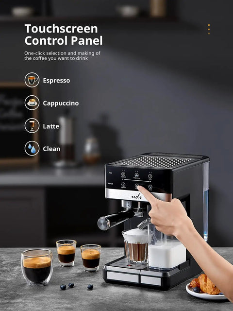 Heavy Duty 20 Bar Automatic Espresso Machine With Hella Rich Crema And Kickin Smooth Milk Frothing For Straight Up Pro Level Cappuccino Latte Coffee Brewing touchscreen display and coffee options.