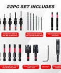22-Piece Countersink Drill Bit Set With Wood Plug Cutters, Magnetic Extension Bit Holder, S2 Screwdriver Bits layout