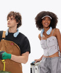 Two people wearing Portable Neck Fan With 5 Speed Gears 6000mAh Hands Free Wearable Bladeless Cooling, light blue color