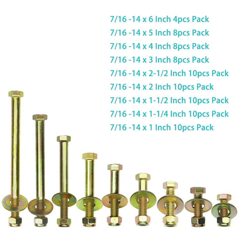 Built Tough 7/16 X 3 Inch Grade 5 Hex Head Bolts With Reliable Nylon Lock Nuts And Massive Flat Washers Zinc Coated Alloy Steel Hardware Kit For Helluva Strong Truck Builds displayed with various lengths.