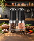 Gravity Activated Salt And Pepper Grinder Set With Flip To Start Automatic Grinding Adjustable Coarseness Battery Operated Refillable Mills With Stand 2 Piece Set And Batteries Included on kitchen counter