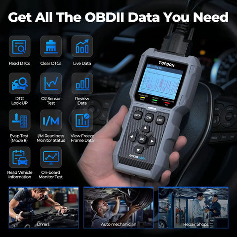 Hand holding All In One OBD2 Scanner And Battery Tester For All OBDII Cars, Full Diagnostic Scan, 12V Battery Health Check