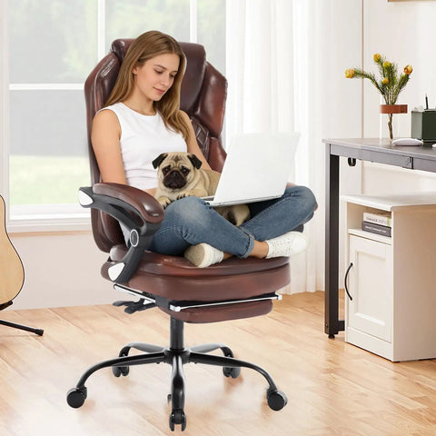 Big And Tall Heavy Duty Reclining Office Chair With Footrest 400 Lb Capacity Brown Leather Executive Desk Chair in use