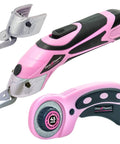 Cordless Electric Fabric Scissors Set With Rotary Cutter And Heavy Duty Cutting Tool For Crafts Sewing Cardboard Carpet And Scrapbooking Dope Battery Powered Cutter Kit Includes Battery Charger Extra Blades And Three Year Warranty.
