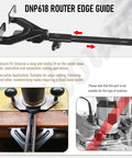 Slick Adjustable Edge Guide For Fixed Base Compact Router With Quick Swap Mount and Dual Scale Markers for precise edging on a woodworking table.