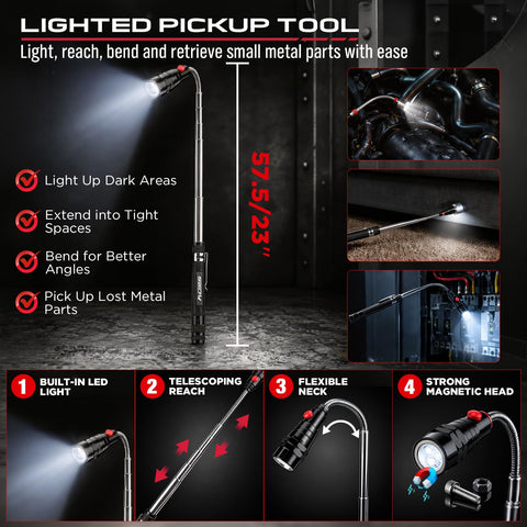 Lighted pickup tool with LED, telescoping reach, flexible neck, for 15 Piece Pick And Hook Tool Set For Auto Repair With Magnetic Pickup