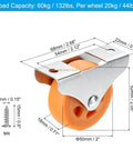 2 Inch Rigid Fixed Plate Caster Wheels Set 4 Pack Low Profile PP Casters With M4 Screws Orange For Drawers Cabinets And Furniture Rolling 132 Lbs Total Load Capacity diagram