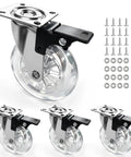 Set Of 4 Heavy Duty 4 Inch Transparent Polyurethane Swivel Casters With Lock Brake displayed with screws and washers.