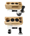 Game Changing Wooden Espresso Tamper Station With Precision Powder Distributor And Flat Bottom Stirrer Spoon, 5 piece set.
