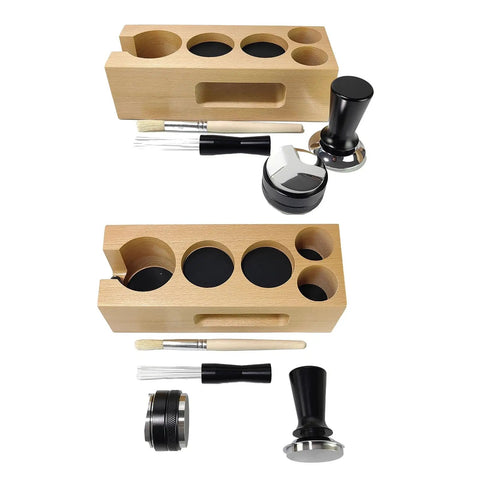 Game Changing Wooden Espresso Tamper Station With Precision Powder Distributor And Flat Bottom Stirrer Spoon, 5 piece set.