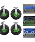 10 Inch Pneumatic Casters Set Of 4 Featuring 2 Swivel And 2 Rigid Heavy Duty air tires rubber wheels, showcasing wheel details and setup.