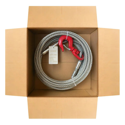 Galvanized Steel Winch Cable For Towing And Recovery Three Eighths Inch Beefy Heavy Duty 10582 Lbs Breaking Strength With Swivel Hook And Dual Aluminum Rings 6x19 Strand Core For Crane Tow Truck 50 Feet coiled in box