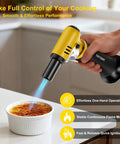 Slick Butane Torch With Clear Fuel Gauge And Adjustable Flame For Dead Simple One Hand Kitchen Cooking and Sick Flames Backyard Grilling Creme Brulee Finish Plus Craft Soldering Gear in use for caramelizing dessert.