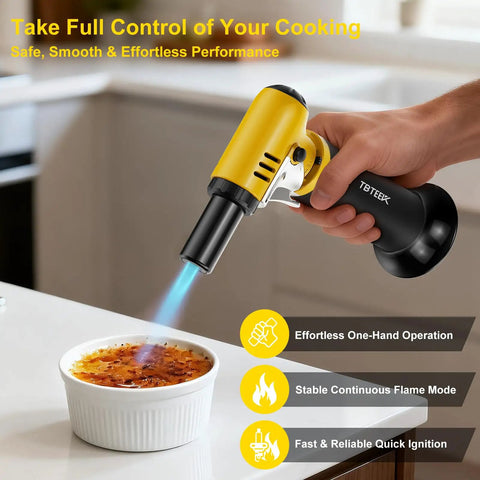 Slick Butane Torch With Clear Fuel Gauge And Adjustable Flame For Dead Simple One Hand Kitchen Cooking and Sick Flames Backyard Grilling Creme Brulee Finish Plus Craft Soldering Gear in use for caramelizing dessert.