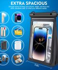 Waterproof Phone Pouch With Sealing Strip holding iPhone 17, showing large capacity with wallet, cards; 8.3-inch phone display.