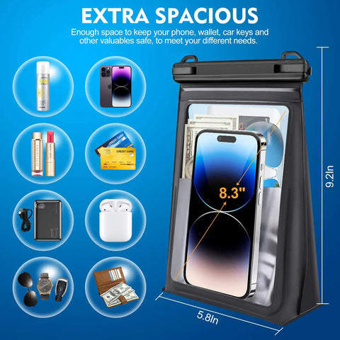Waterproof Phone Pouch With Sealing Strip holding iPhone 17, showing large capacity with wallet, cards; 8.3-inch phone display.