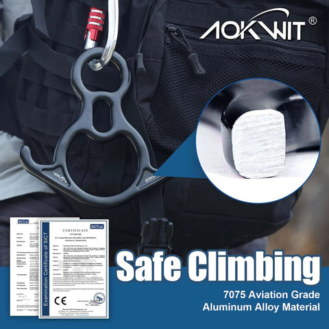50KN Rescue Figure Belay Device for Rock Climbing with bent-ear descender and 7075 aluminum alloy demonstrating use