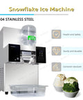 Heavy Duty Commercial Snowflake Ice Shaver Automatic Electric Flake Maker with 304 stainless steel, 4L water tank, and serving bowls.
