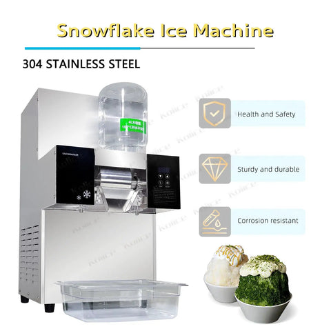 Heavy Duty Commercial Snowflake Ice Shaver Automatic Electric Flake Maker with 304 stainless steel, 4L water tank, and serving bowls.