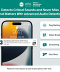 Smartphone displaying alert for barking dog detection using advanced audio detection; part of the Arlo Secure system.