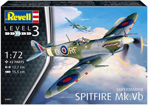 Box art of Spitfire Mk Vb 1:72 Scale Plastic Model Kit with 42 Parts depicting aircraft in flight