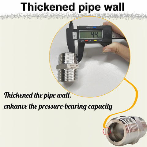 1 Inch Male Hex Nipple Pipe Fittings 304 Stainless Steel NPT Threaded Equal Nipples, digital caliper measuring thickness, corrosion-resistant