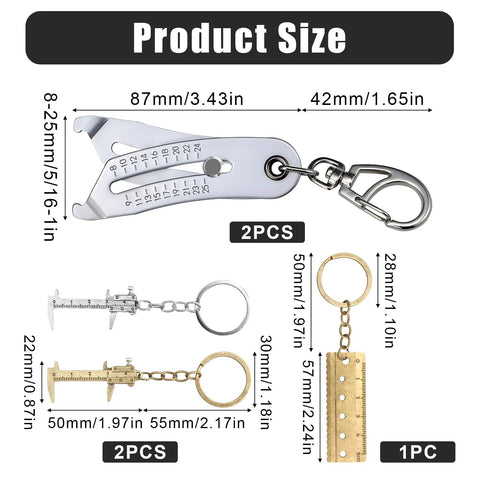 5 Piece Bolt Size Finder Tool Set With Mini Vernier Calipers And Small Ruler, Portable Nut And Bolt Thread Checker, Keychain Sizer