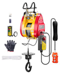 Front view of VEVOR 2-in-1 electric hoist winch with red/yellow housing, 1100 lb capacity, wire rope and wireless remote