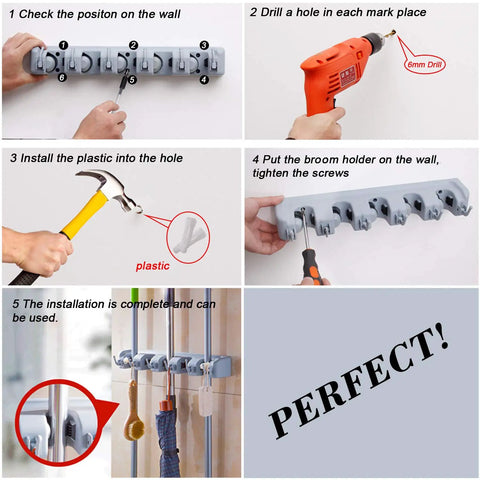 Installation steps for Heavy Duty Wall Mount Broom And Mop Organizer With Hooks for Garage and Laundry Room.