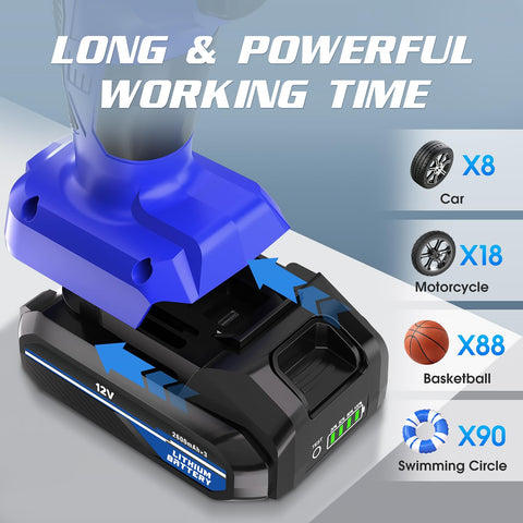 Cordless Tire Inflator Portable On The Go Air Compressor With 150 PSI Dual Power DC 12V And Battery, blue with digital gauge