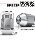 Built Tough Chrome Bulge Acorn Lug Nuts With Security Wheel Locks M12 X 1.50 Thread Three Quarter Hex 60 Degree Seat specifications.