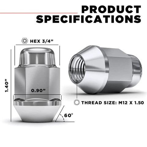 Built Tough Chrome Bulge Acorn Lug Nuts With Security Wheel Locks M12 X 1.50 Thread Three Quarter Hex 60 Degree Seat specifications.