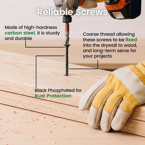 Rock Solid Heavy Duty Drywall Screws 1 1 4 Inch Coarse Thread Carbon Steel Black Phosphate Finish in use with drill on wood