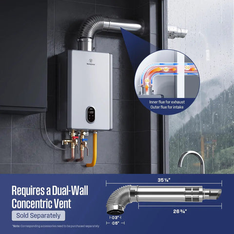 Heavy Hitter Natural Gas Tankless Water Heater With Built In Smart Wifi For Zero Wait Endless Hot Water Up To 92 Gpm, showing installation details and venting system.