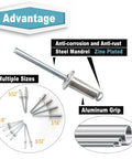 580 Piece Pop Rivet Assortment Kit With Aluminum Blind Rivets in 3/32 1/8 5/32 3/16 inch diameters, anti-corrosion steel mandrel