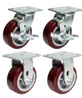 Heavy Duty Industrial Casters Built Tough With 6 Inch Polyurethane Wheels In A 4 Pack Set featuring 2 rigid and 2 swivel rollers.