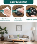 Installation steps for self adhesive caster wheels with 360 degree swivel stainless steel rollers, shown in a living room setup.