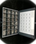 Open case displaying labeled compartments of A2 Stainless Flat Head Socket Cap Countersunk Screws Set 1600-Piece Pro Grade Multi Purpose Hardware Fastener Kit For Wood Metal Drywall Projects And General Home Repairs Corrosion Resistant