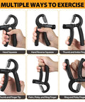 Grip Strength Trainer Kit With Adjustable Hand Gripper 22 To 132 Lbs, demonstrating various grip exercises, Carbon Black.
