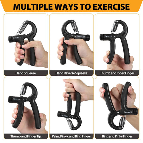 Grip Strength Trainer Kit With Adjustable Hand Gripper 22 To 132 Lbs, demonstrating various grip exercises, Carbon Black.